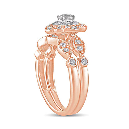 0,63 ct. Gesamtgewicht Diamant-Brautset im Vintage-Stil mit ovalem Rahmen aus doppelten Blütenblättern in 10K Roségold