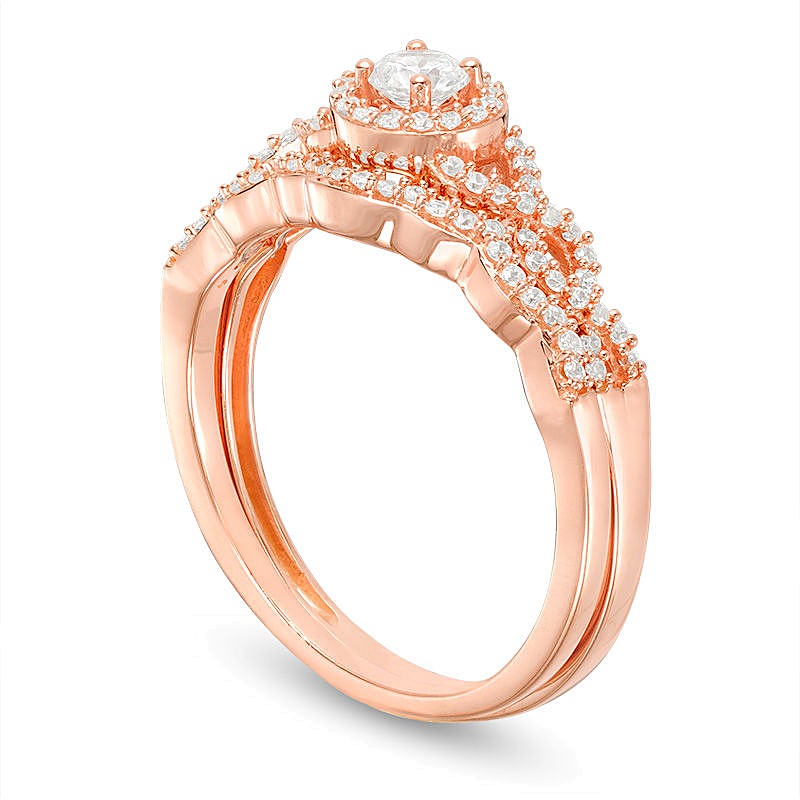 Braut-Set mit Diamanten 0,38 ct. Gesamtgewicht mit Halo und Twist-Design in 10K Roségold