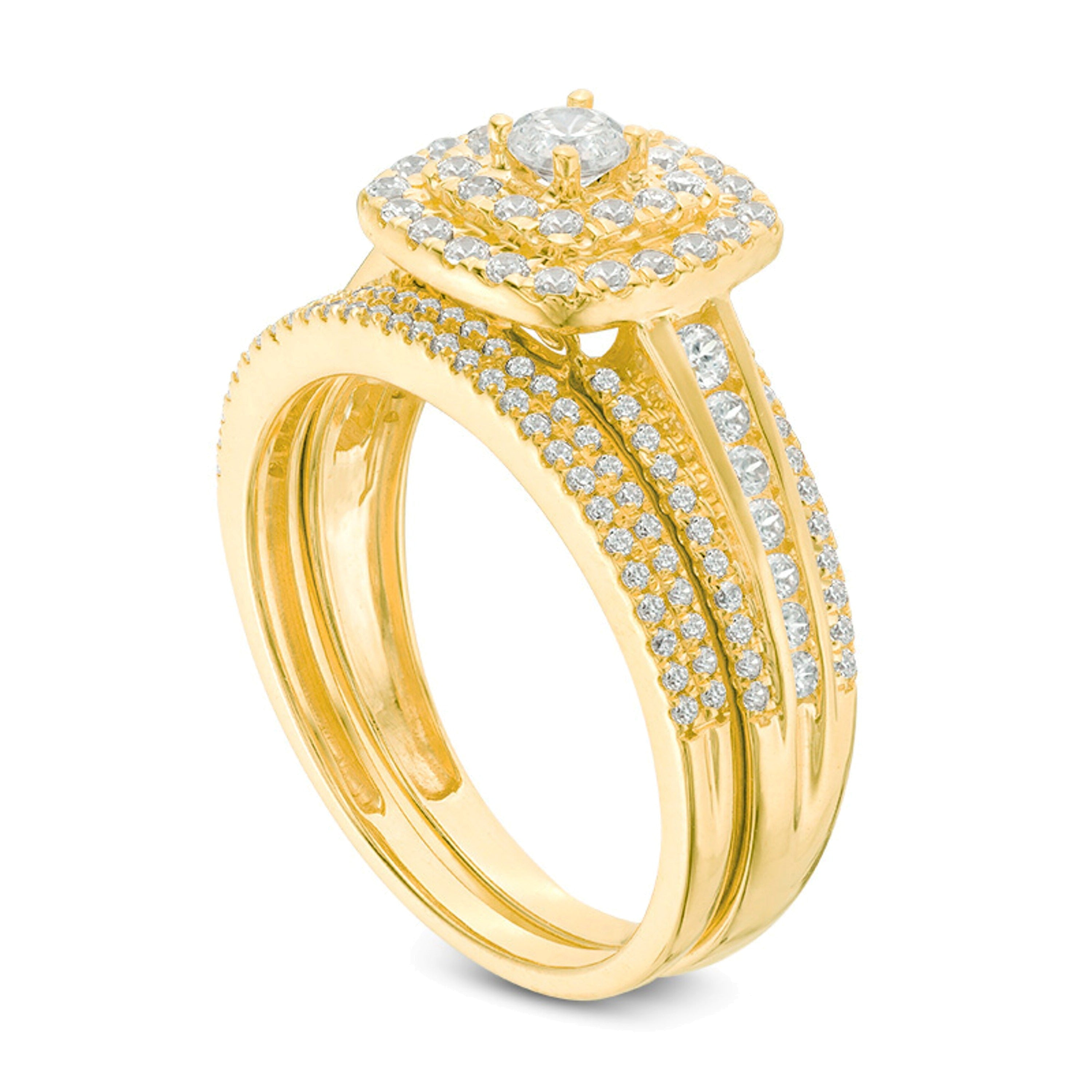 1.0 ct. Gesamtgewicht Diamant Braut-Set mit doppeltem Kissenschliff-Rahmen in 10K Gelbgold
