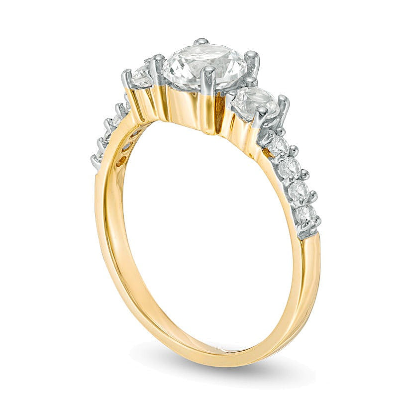 Dreistein-Ring mit weißen Labor-Saphiren in 10K Gelbgold