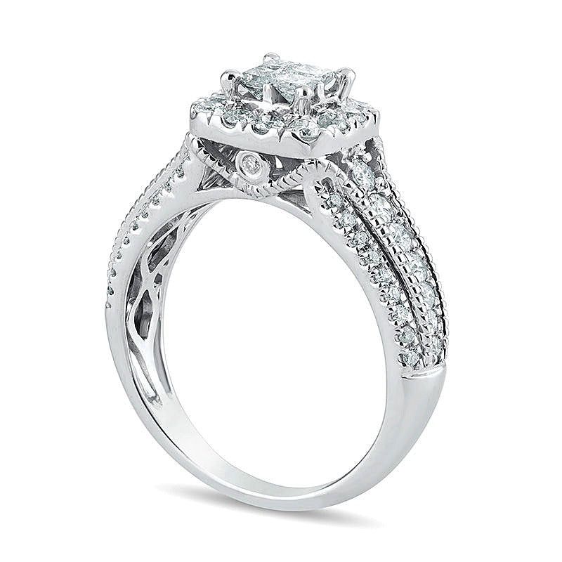 1.0 ct. Gesamtgewicht Verlobungsring im Vintage-Stil mit Diamanten im Princess- und Rundschliff in 10K Weißgold