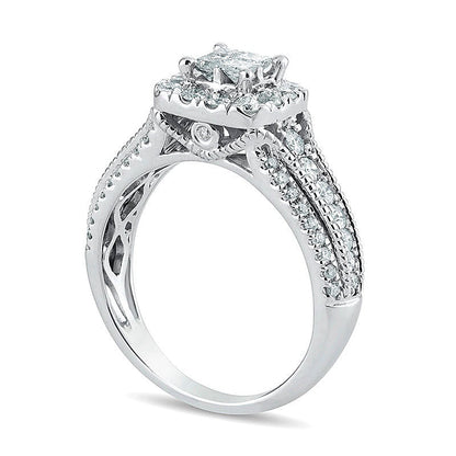 1.0 ct. Gesamtgewicht Verlobungsring im Vintage-Stil mit Diamanten im Princess- und Rundschliff in 10K Weißgold