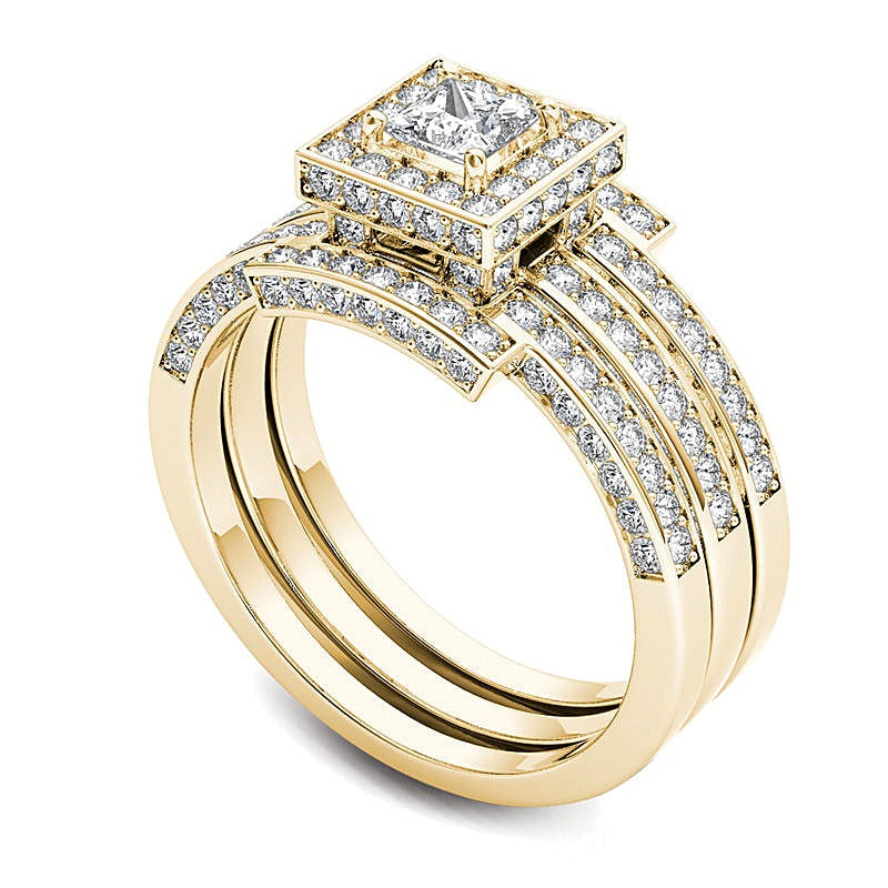 1.38 ct. Gesamtgewicht Braut-Set mit Diamanten im Princess- und Rundschliff in 14K Gelbgold