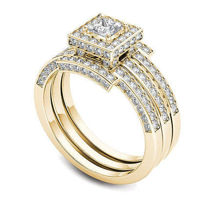 1.38 ct. Gesamtgewicht Braut-Set mit Diamanten im Princess- und Rundschliff in 14K Gelbgold