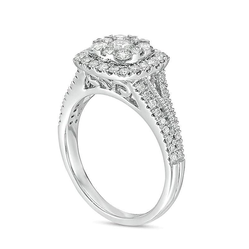 Verlobungsring für Damen im Vintage-Stil mit Diamanten, doppelter Kissenschliff-Rahmen, 1.0 ct. Gesamtgewicht, 14K Weißgold
