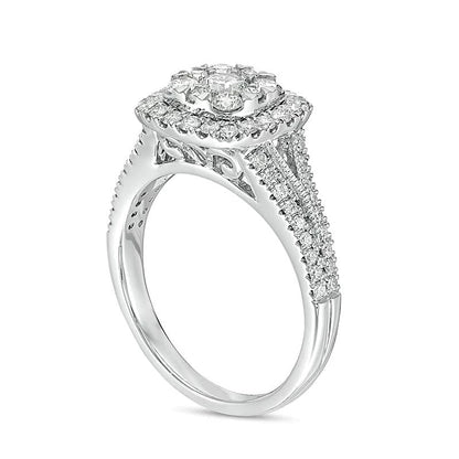 Verlobungsring für Damen im Vintage-Stil mit Diamanten, doppelter Kissenschliff-Rahmen, 1.0 ct. Gesamtgewicht, 14K Weißgold