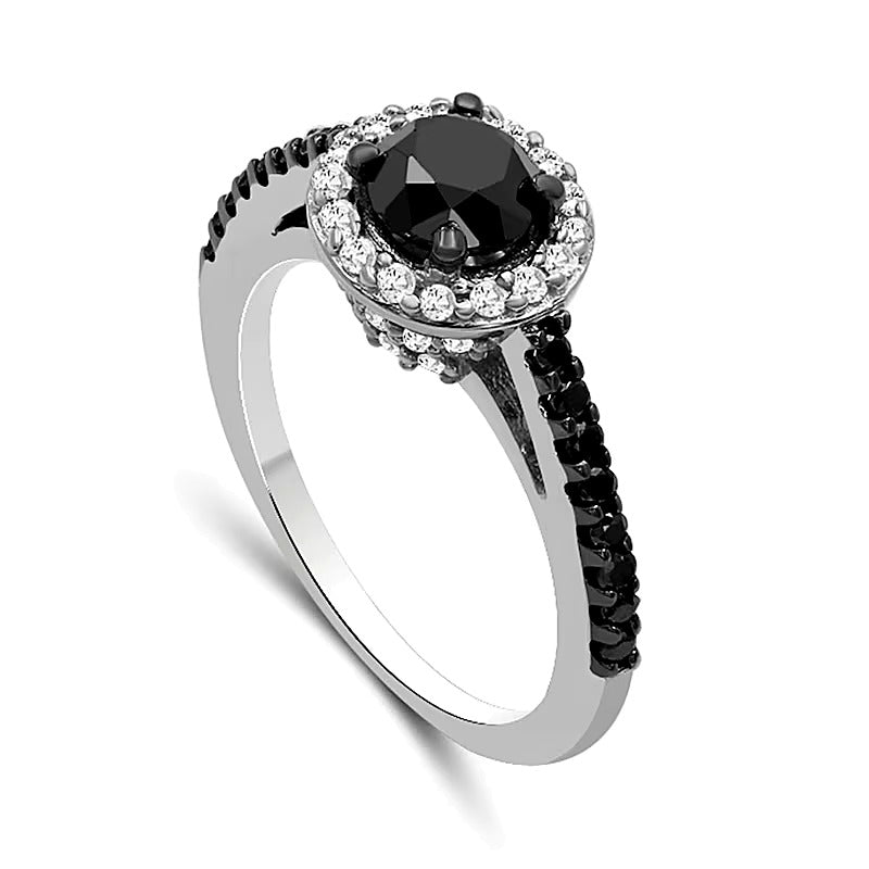 1.5 ct. Gesamtgewicht Halo-Ring mit schwarzen und weißen Diamanten in rhodiniertem Sterlingsilber