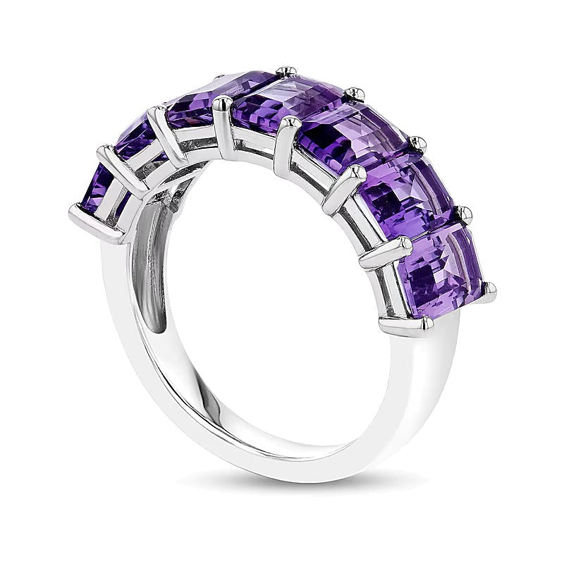 Memoire-Ring mit sieben Amethysten im Smaragdschliff in 14K Weißgold