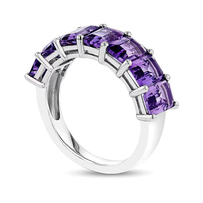 Memoire-Ring mit sieben Amethysten im Smaragdschliff in 14K Weißgold