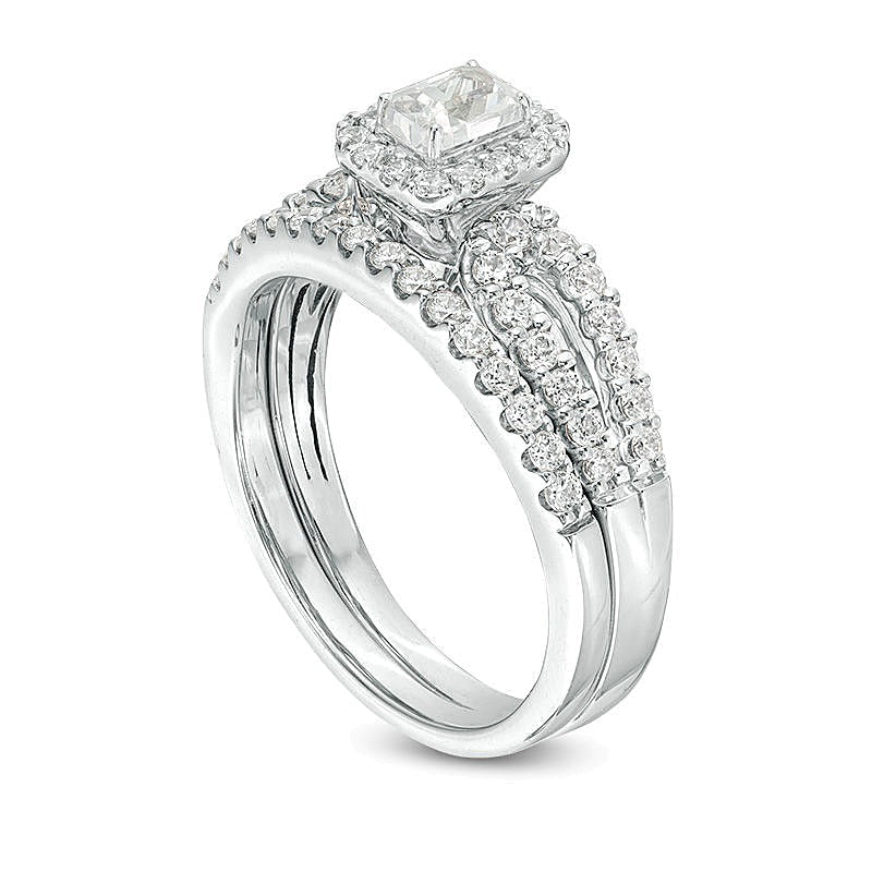1.0 CT. TW Brautset mit Diamanten im Smaragdschliff, Rahmenfassung und geteilter Schiene in 14K Weißgold (I/I1)
