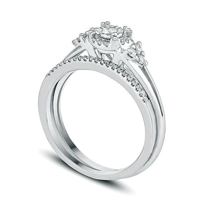 0.25 ct. Gesamtgewicht Diamant Brautset mit Rahmenfassung und dreiseitigem Besatz aus rhodiniertem Sterlingsilber