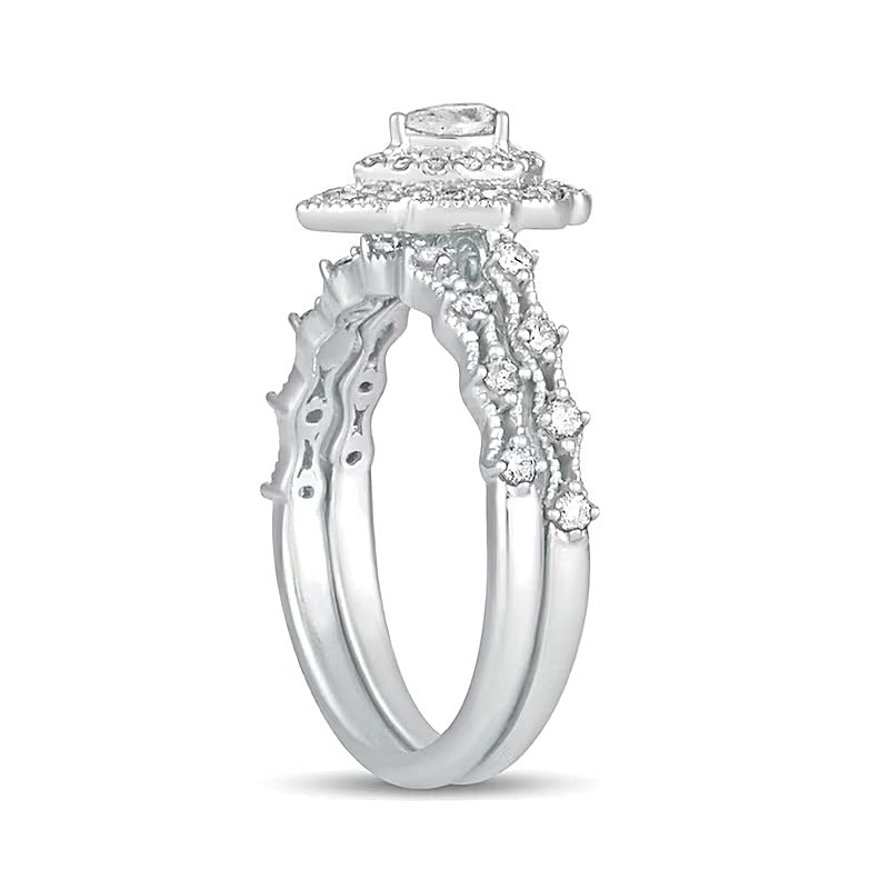 0,63 ct. Gesamtgewicht Brautset mit tropfenförmigem Diamant im Vintage-Stil mit doppeltem Rahmen in 10K Weißgold