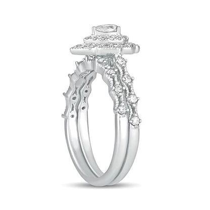 0,63 ct. Gesamtgewicht Brautset mit tropfenförmigem Diamant im Vintage-Stil mit doppeltem Rahmen in 10K Weißgold