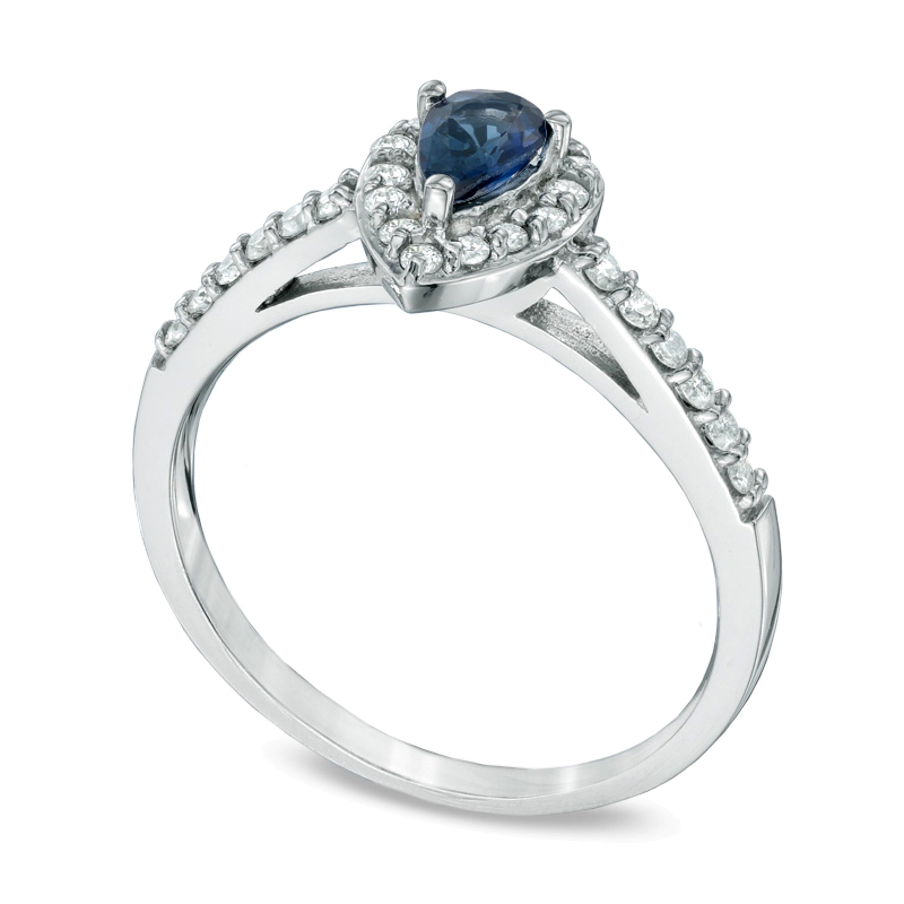 Verlobungsring mit tropfenförmigem blauem Saphir und 0,25 ct. Gesamtgewicht Diamanten in 10K Weißgold