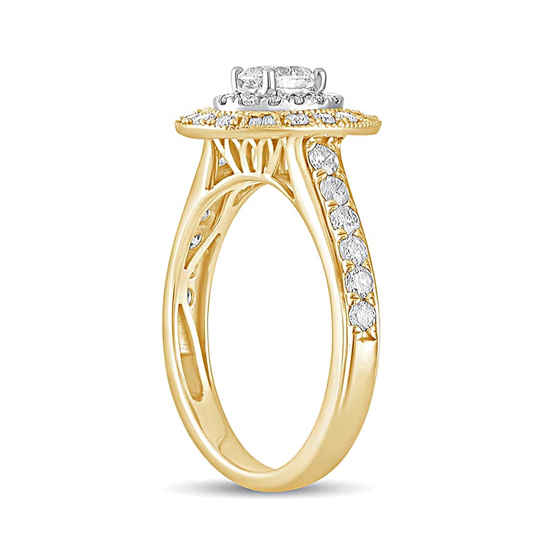 1.0 CT. Gesamtgewicht Verlobungsring im Vintage-Stil mit ovalem Diamant und Halo in 14K Gelbgold
