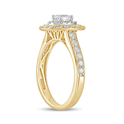 1.0 CT. Gesamtgewicht Verlobungsring im Vintage-Stil mit ovalem Diamant und Halo in 14K Gelbgold