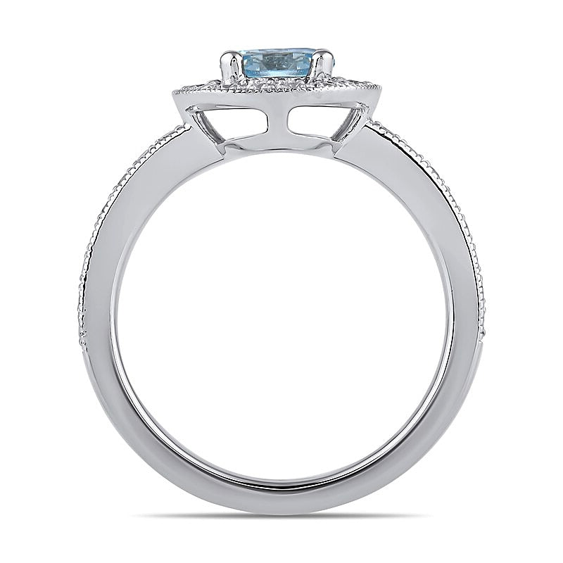 6.0mm Aquamarin und Labordiamant im Vintage-Stil mit Halo, 0,38 ct. Gesamtgewicht, in 14K Weißgold