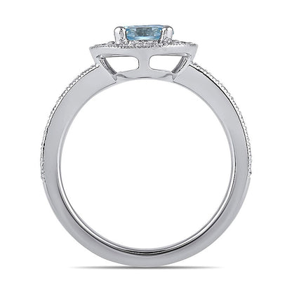 6.0mm Aquamarin und Labordiamant im Vintage-Stil mit Halo, 0,38 ct. Gesamtgewicht, in 14K Weißgold