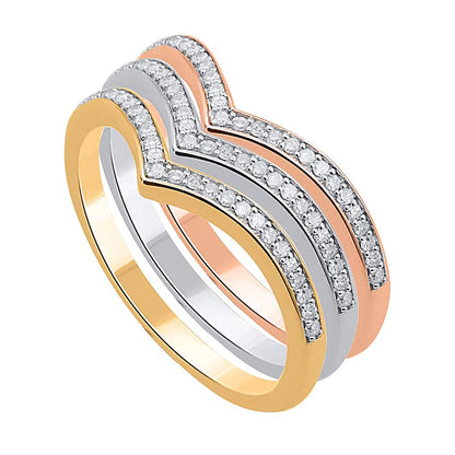 0.33 ct. Gesamtgewicht Diamant-Ring-Set 3-teilig stapelbar mit poliertem Rand und Chevron-Design aus Sterlingsilber, zweifarbig rhodiniert