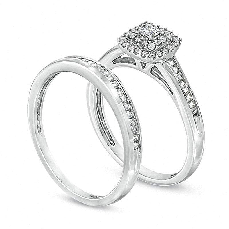 0,5 ct. Gesamtgewicht Brautset mit Diamanten im Princess- und Rundschliff in 10K Weißgold