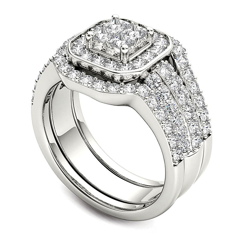 1,75 ct. Gesamtgewicht Diamant-Brautset dreiteilig mit Princess- und rundem Schliff in 14K Weißgold