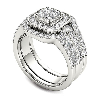 1,75 ct. Gesamtgewicht Diamant-Brautset dreiteilig mit Princess- und rundem Schliff in 14K Weißgold