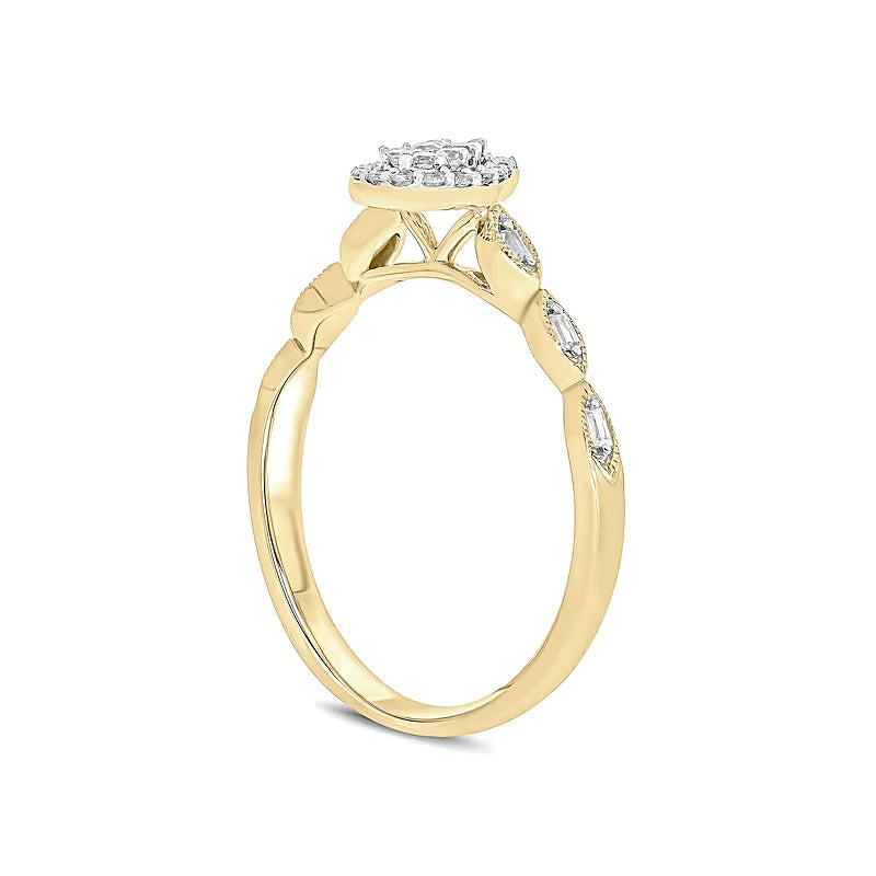 0,2 ct. Gesamtgewicht Komposit Freundschaftsring mit Diamanten in Baguette-, rund- und Tropfenschliff, tropfenförmiger Rahmen, 10K Gelbgold