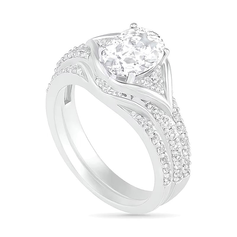 Braut-Set mit ovalem, im Labor gezüchtetem weißem Saphir, mehrreihig, in rhodiniertem Sterlingsilber
