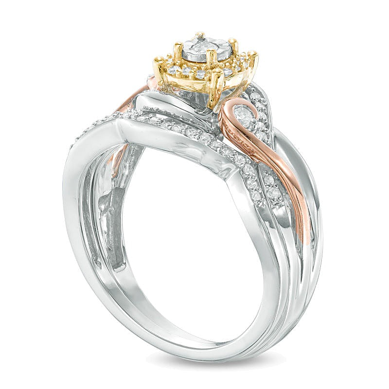 0.33 ct. Gesamtgewicht Diamant-Brautset mit Rahmen und Swirl-Design in Sterlingsilber und 10K Bicolor-Gold