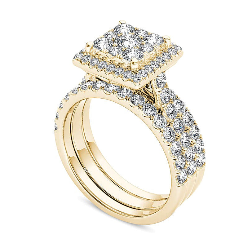 2.0 ct. Gesamtgewicht Komposit-Diamant Brautset mit quadratischem Rahmen, dreiteilig, in 14K Gelbgold