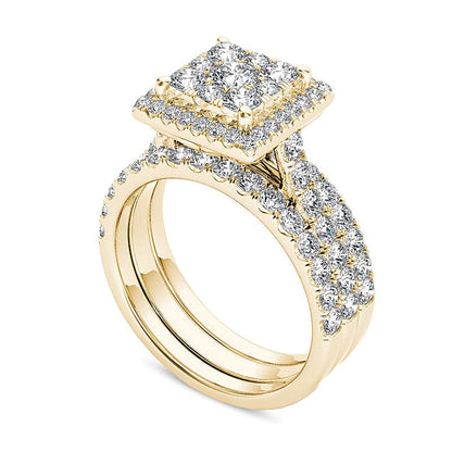2.0 ct. Gesamtgewicht Komposit-Diamant Brautset mit quadratischem Rahmen, dreiteilig, in 14K Gelbgold