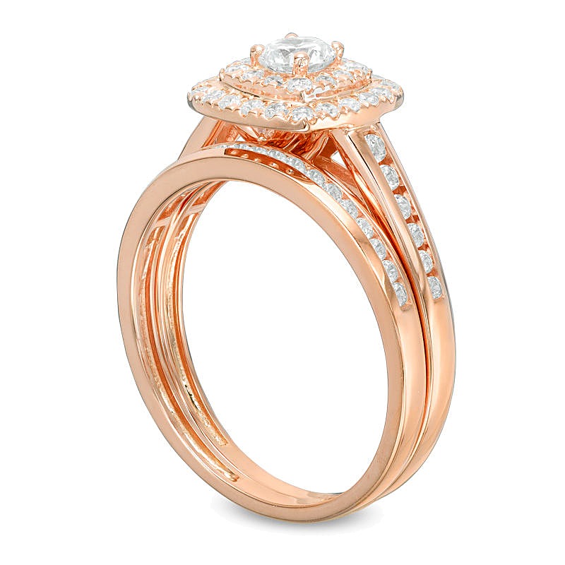 0.75 ct. Gesamtgewicht Diamant Braut-Set mit doppeltem Kissenschliff-Rahmen und Kanalfassung in 10K Roségold