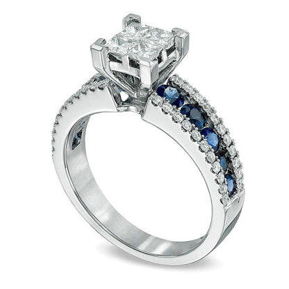 0,75 ct. Gesamtgewicht Ring mit Diamanten im Princess-Schliff und blauen Saphiren in 14K Weißgold