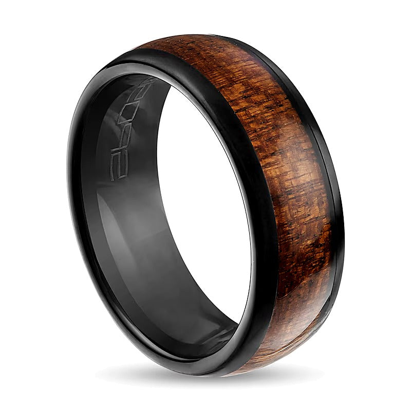 8.0mm Ring mit Holzeinlage und abgeschrägten Kanten aus schwarzem ionenbeschichtetem Wolfram