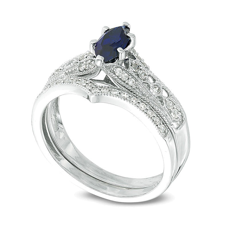 Braut-Set mit Marquise-Labor-Saphir in Blau und Diamant 0,2 ct. Gesamtgewicht im Vintage-Stil aus 10K Weißgold