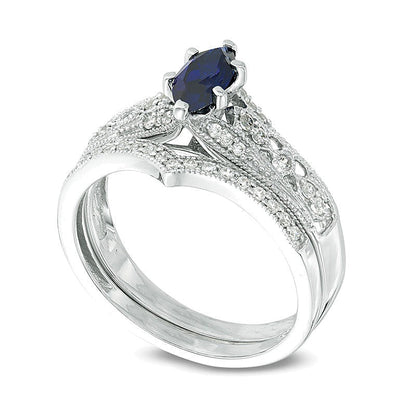 Braut-Set mit Marquise-Labor-Saphir in Blau und Diamant 0,2 ct. Gesamtgewicht im Vintage-Stil aus 10K Weißgold