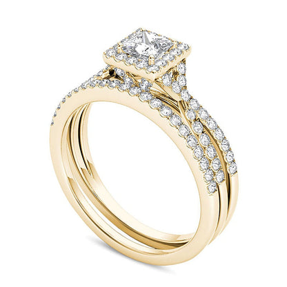 1.0 ct. Gesamtgewicht Braut-Set mit Diamanten im Princess- und Rundschliff in 14K Gelbgold