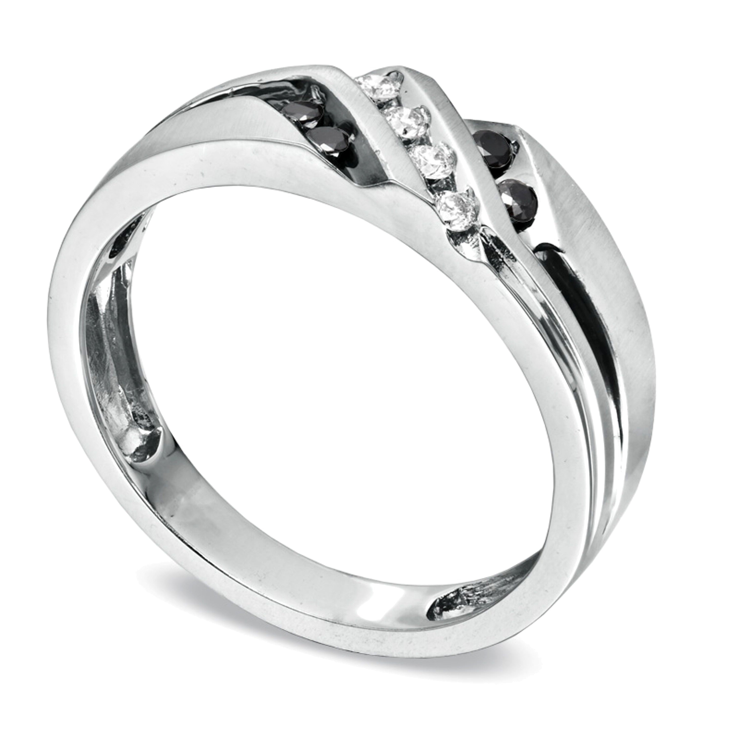 0.2 CT. Gesamtgewicht Ehering mit schwarzen und weißen Diamanten im Slant-Design in 10K Weißgold