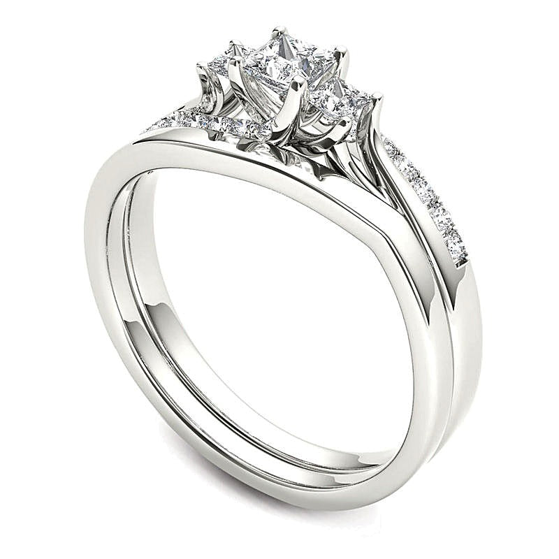 0.5 CT. Gesamtgewicht Braut-Set mit Diamanten im Princess-Schliff, Dreistein-Bypass, in 14K Weißgold