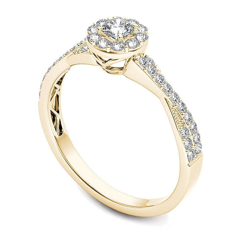 0,5 ct. Gesamtgewicht Diamant Halo Verlobungsring mit gedrehter Schiene in 14K Gelbgold