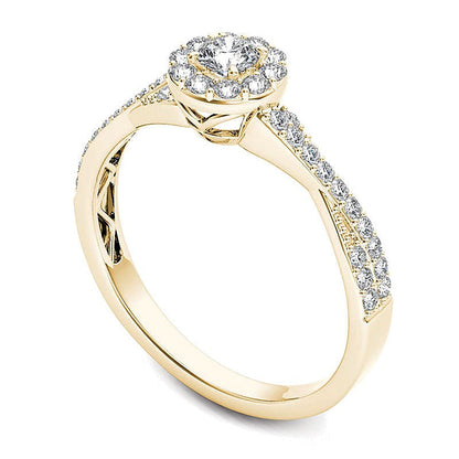 0,5 ct. Gesamtgewicht Diamant Halo Verlobungsring mit gedrehter Schiene in 14K Gelbgold