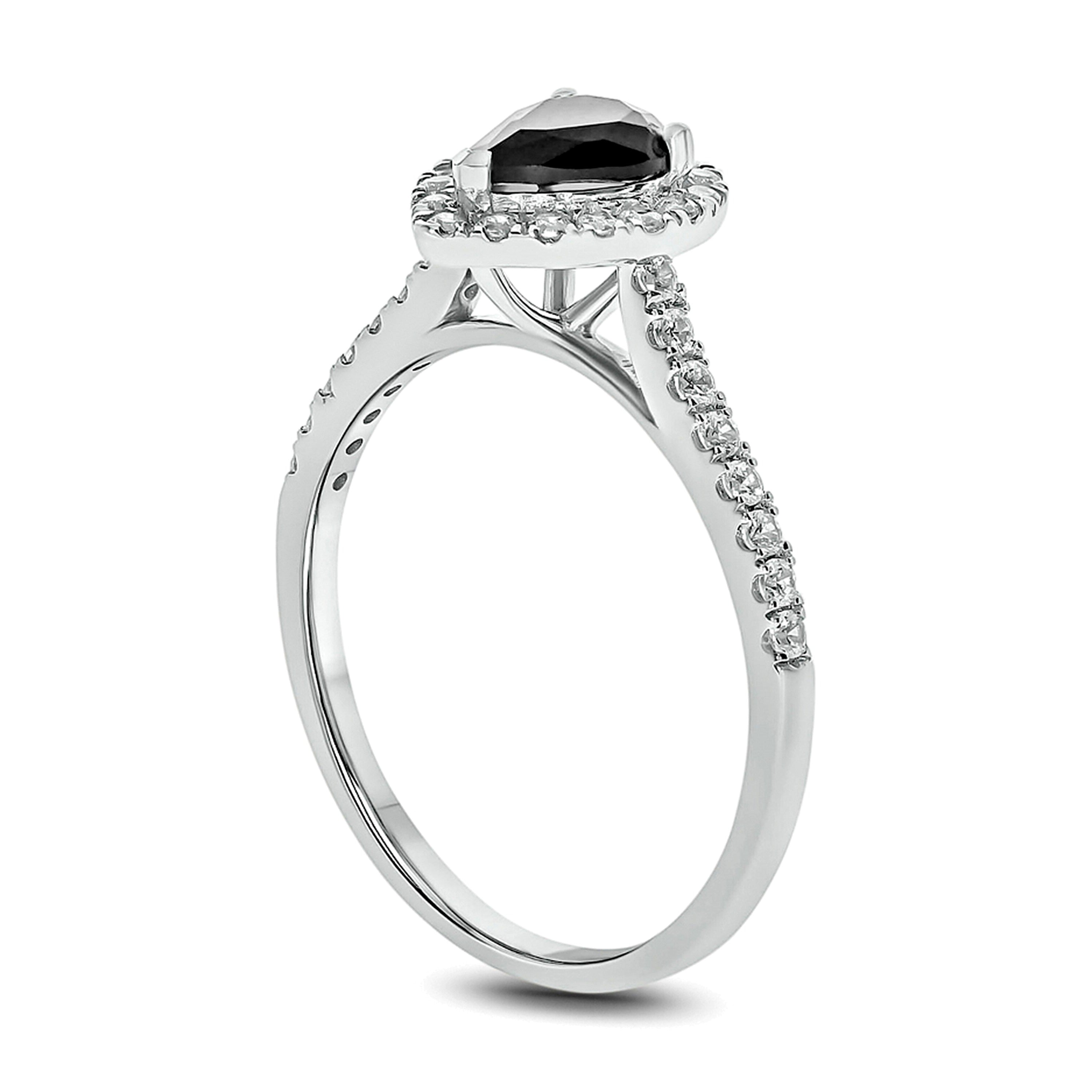 1.0 CT. TW Verlobungsring mit schwarzen und weißen Diamanten im Tropfen- und Rundschliff, Halo-Design, in 10K Weißgold