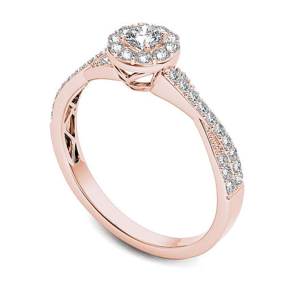 0.5 ct. Gesamtgewicht Diamant Halo Verlobungsring mit gedrehter Schiene in 14K Roségold