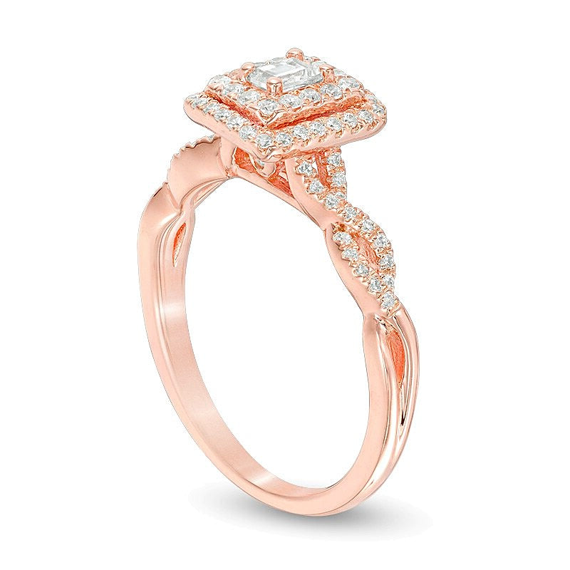 0,5 ct. Gesamtgewicht Verlobungsring mit Diamant im Smaragdschliff, Halo, in 14K Roségold