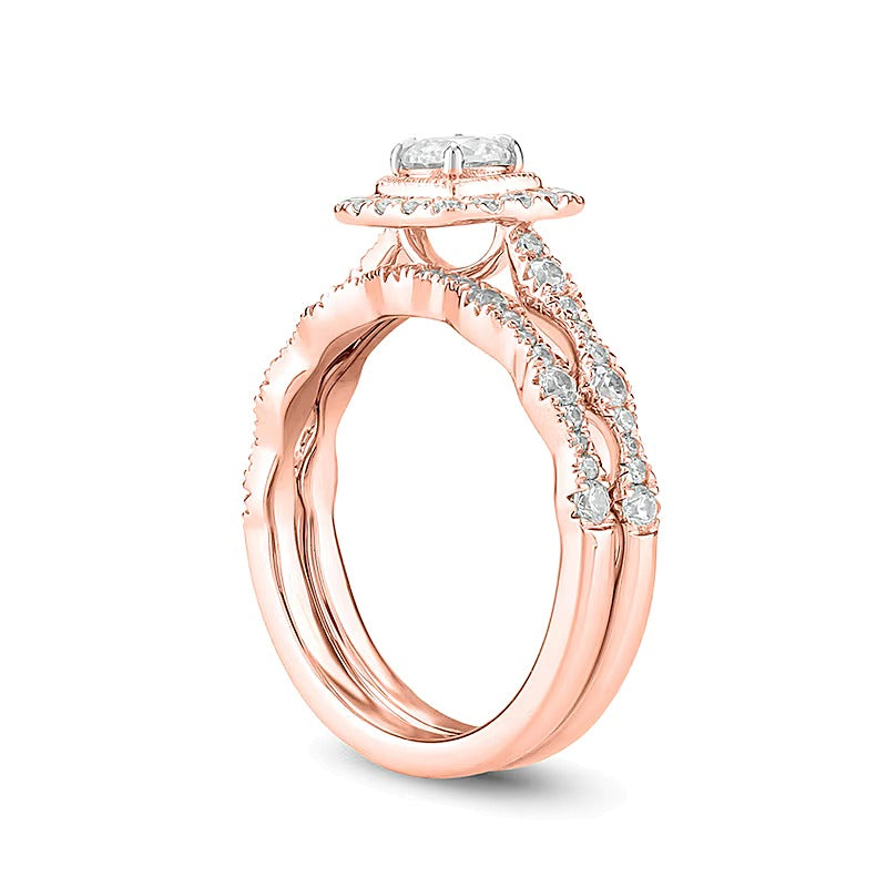 Diamant-Brautset 1.0 ct. Gesamtgewicht mit Kissenschliff-Rahmen im Art-Déco-Vintage-Stil in 10K Roségold