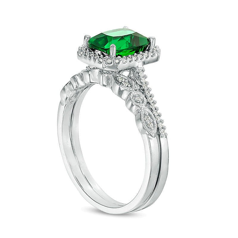 Braut-Set mit Smaragd im Kissenschliff (Labor) und Diamanten 0.2 ct. Gesamtgewicht im achteckigen Vintage-Rahmen aus rhodiniertem Sterlingsilber
