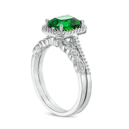 Braut-Set mit Smaragd im Kissenschliff (Labor) und Diamanten 0.2 ct. Gesamtgewicht im achteckigen Vintage-Rahmen aus rhodiniertem Sterlingsilber