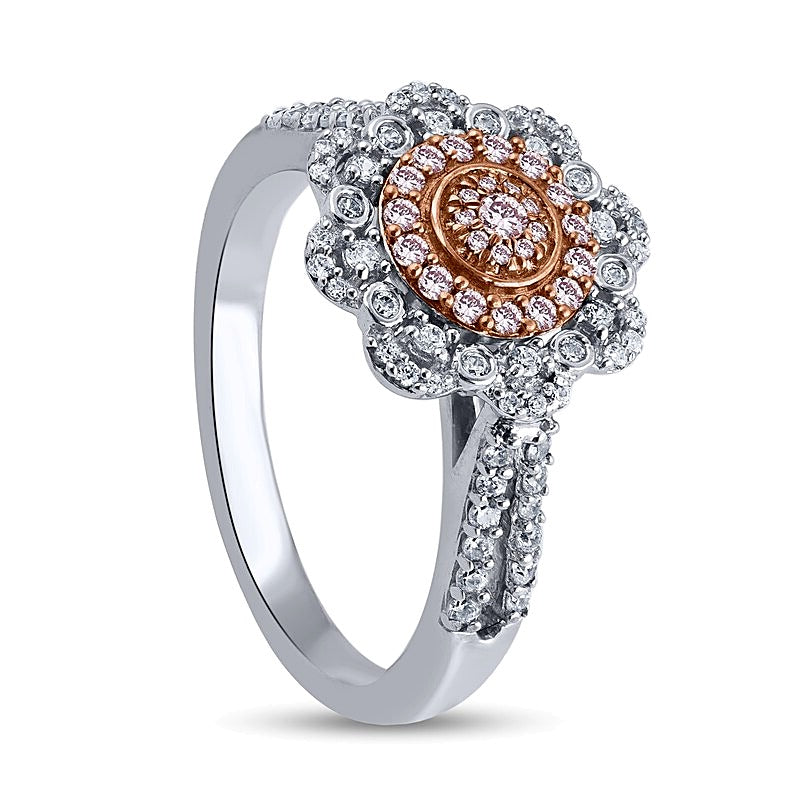 0.5 CT. Gesamtgewicht Ring mit rosa und weißen Diamanten und Blütenfassung aus 10K Bicolor-Gold