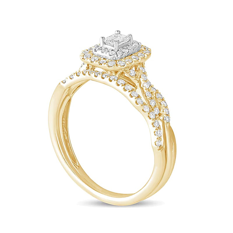 Braut-Set mit Diamanten im Smaragdschliff, mehrreihig mit doppeltem Rahmen, 0,5 ct. Gesamtgewicht in 10K Gelbgold