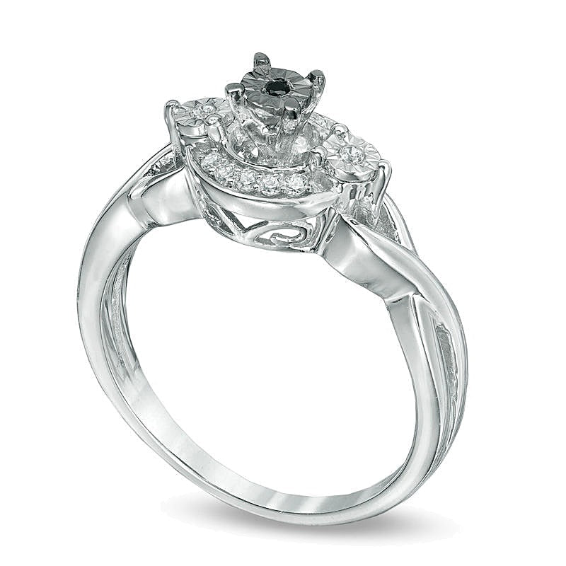 0.1 CT. Gesamtgewicht behandelter schwarzer und weißer Diamant Dreistein Freundschaftsring mit Flechtdesign in 10K Weißgold